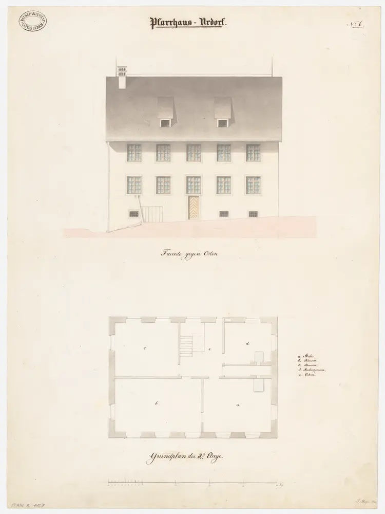 Urdorf: Pfarrhaus; Grundriss des 2. Stocks und Ostansicht (Nr. 6)