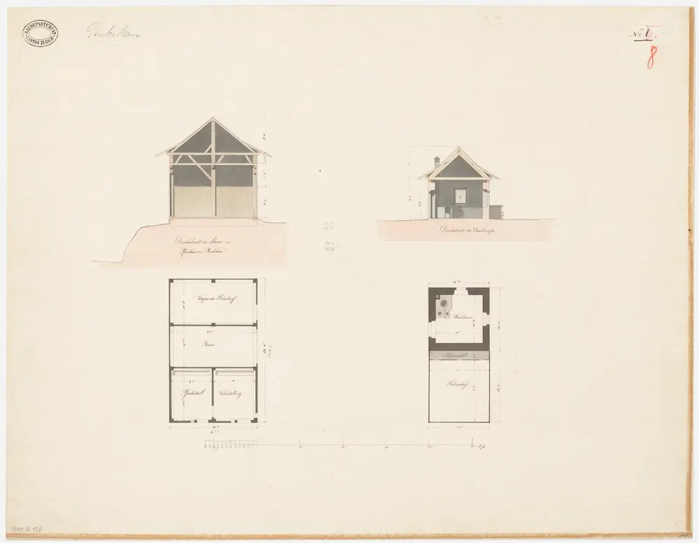 Bubikon: Scheune und Waschhaus; Querschnitte und Grundrisse (Nr. 8)