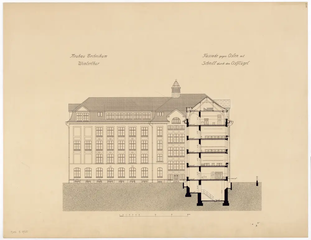 Winterthur: Technikum, Ostbau, Fassade gegen Osten und Ostflügel; Schnitt (Nr. 9)