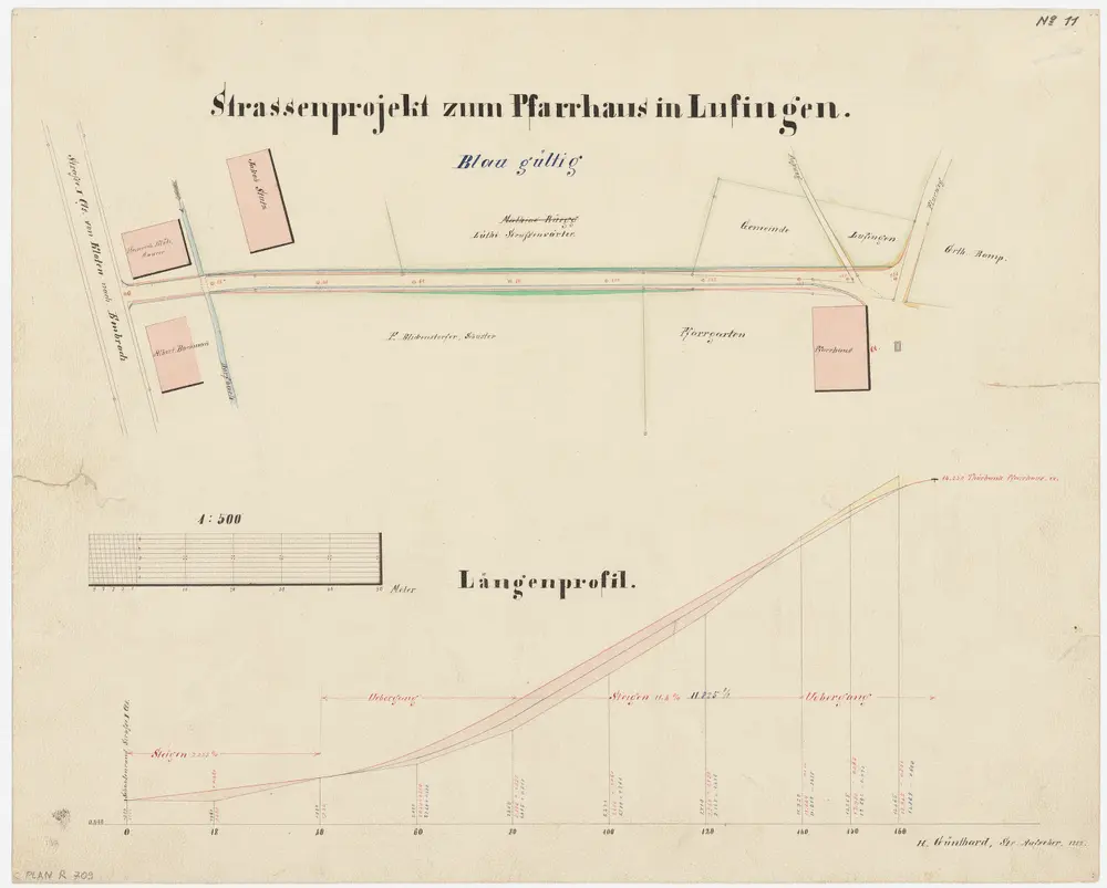 Lufingen: Pfarrhaus mit projektierter Anfahrtsstrasse; Grundriss und Längsprofil (Nr. 11)