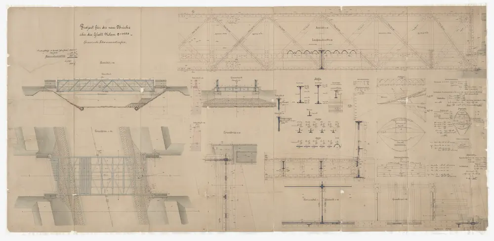 Schwamendingen: Projektierte neue Brücke über die Glatt; Ansichten, Grundrisse und Schnitte
