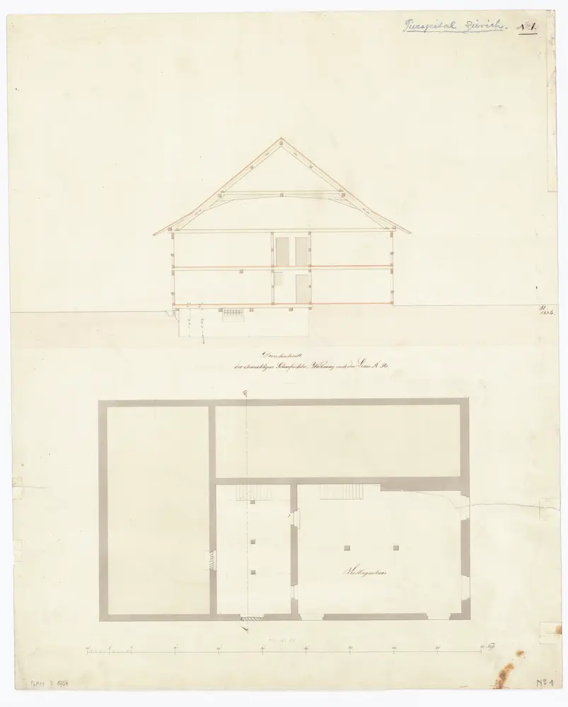 Tierarzneischule Selnaustrasse, Verwaltungsgebäude (ehemalige Scharfrichterwohnung): Grundriss (Keller) und Querschnitt