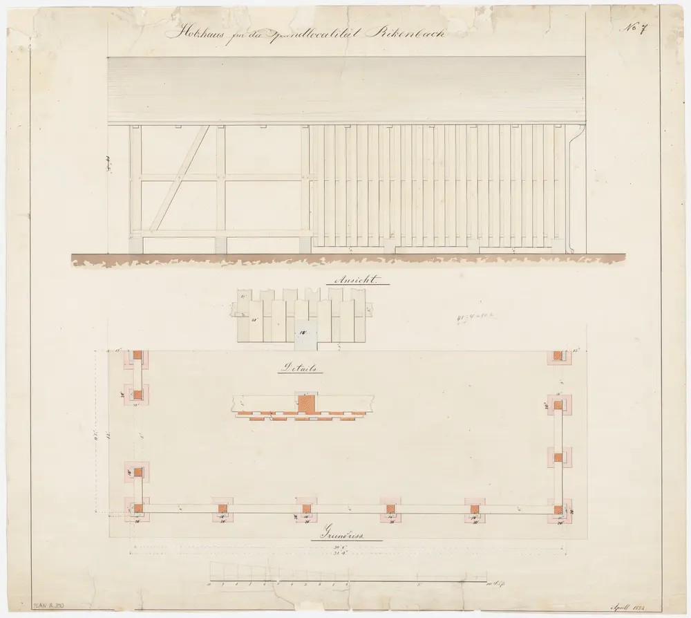 Rickenbach: Holzschuppen; Ansicht und Grundriss sowie Detailansicht der Wand (Nr. 7)