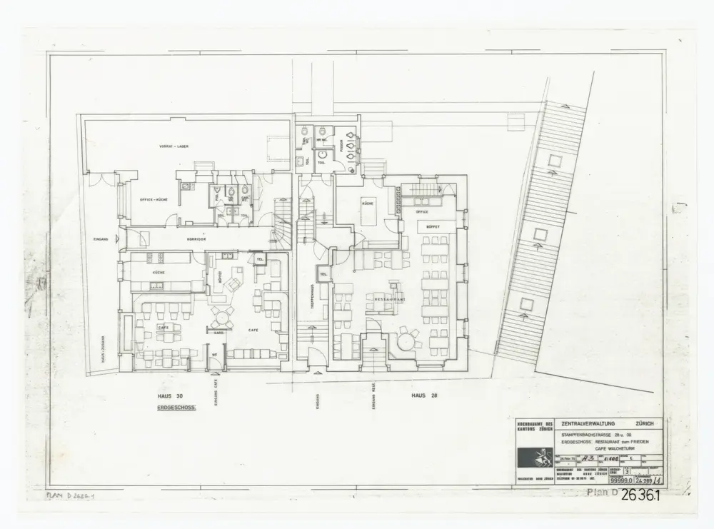 Haus Stampfenbachstrasse 28 und 30: Zentralverwaltung; Grundrisse: Restaurant zum Frieden und Café Walcheturm, Erdgeschoss; Grundriss