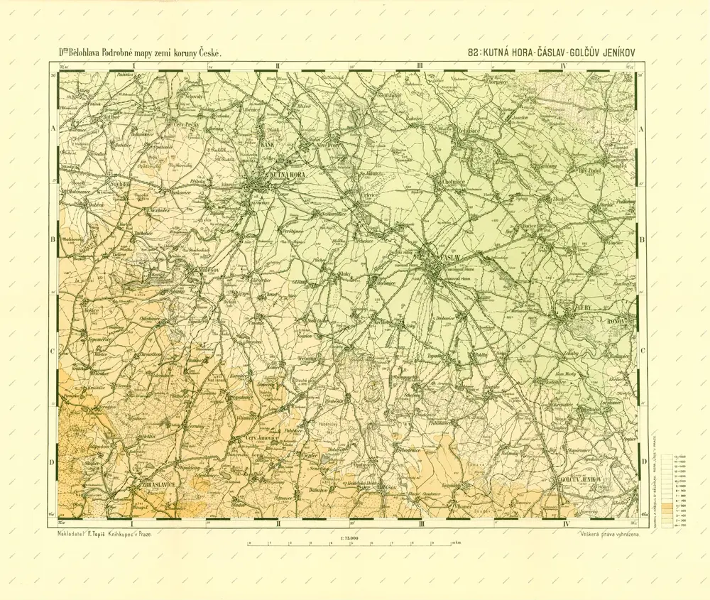 Podrobné mapy zemí Koruny české v měřítku 1:75.000 a mapa vzdáleností všech míst při silnici ležících - Kutná Hora - Čáslav - Golčův Jeníkov. Průvodce statisticko-historický po všech místech na těchto mapách uvedených a rejstřík věcný názvů hor, potoků, řek, rybníků atd. Sešit 21. List 82,