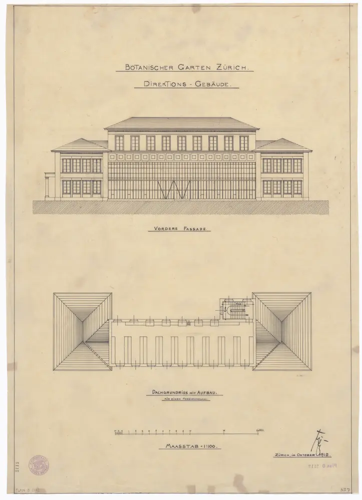 Botanischer Garten, Direktionsgebäude: Aufbau eines neuen Stockwerks für ein Herbarium; Vorderansicht des Gebäudes und Grundriss des Daches mit Aufbau