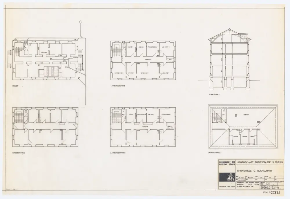 Haus Freiestrasse 15: Ansichten, Grundrisse und Querschnitt: Grundrisse und Querschnitt