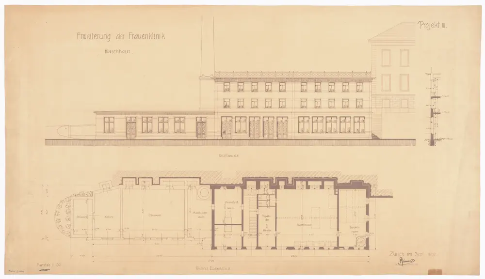 Frauenklinik Zürich: Erweiterung des Waschhauses; Westansicht und Grundriss (unteres Erdgeschoss)