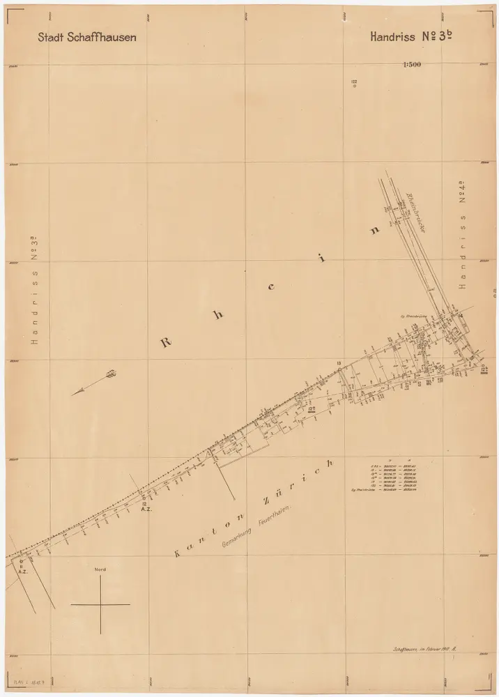 Feuerthalen bis Flurlingen: Durch den Vertrag vom 11.01.1901 zwischen den Kantonen Zürich und Schaffhausen festgelegter Grenzverlauf am linken Rheinufer bei Schaffhausen; Situationsplan-Handrisse: Rhein bei Feuerthalen; Situationsplan-Handriss (Nr. 3 b)