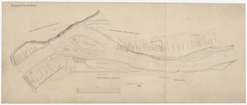 Schlieren, Oberengstringen, Unterengstringen: Von der Fähre bis zur Brücke in Unterengstringen, projektierte Limmatkorrektion; Situationsplan (Limmat-Gebiet Nr. 39)