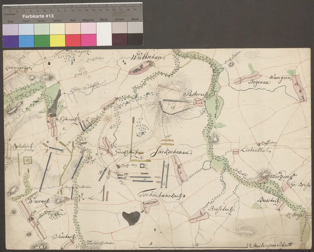 HZAN GA 100_Nr. 759_ : Wültschau; [Militärkarte; ohne Titel];ohne Verfasser;1/2 Meile = 5.000 Schritt = 15,7 cm;44,5 x 29 cm;Kartenrand: Magnitz-Wültschau-Bogenau; Zaungarten-Krolckwitz-Wierwitz; Seschwitz-Prisselwitz; Wangern- Groß- und Kleinbresa;Papier; Federzeichnung mit Schraffen; Gewässer, Talauen und Wälder in Wasserfarben; Truppenstellungen.