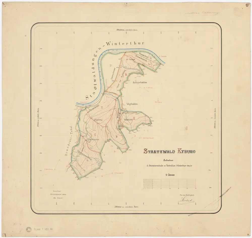 Kyburg, Töss, Illnau-Effretikon (damals Illnau), Schlatt: Staatswaldung: Kyburg: Tössacher, Tössackerrein, Maregg, Sännschür (Sennscheuer), Unter dem Stoffelweg, Brandrüti, Mülitobel (Mühletobel), Weidtobel, Espiberg, Ahornboden, Zimmermannstobel; Grundriss