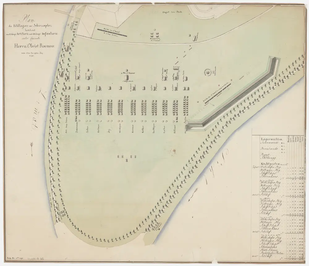 Zürich: Feldlager auf dem Schützenplatz unter dem Kommando von Obrist Roemers vom 03.07.1795 bis zum 19.07.1795; Übersichtsplan