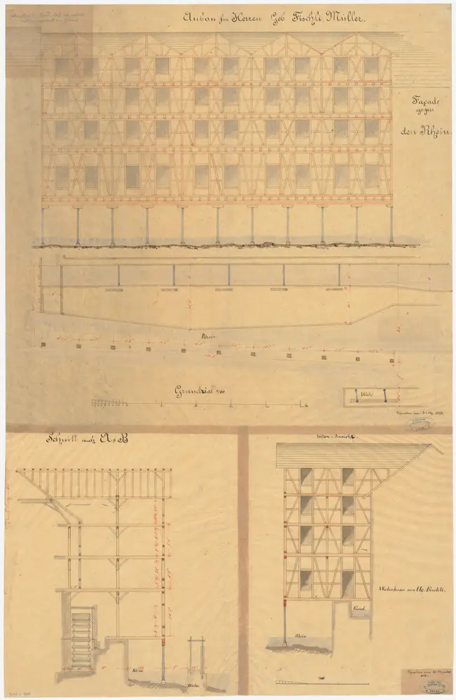 Schaffhausen: Untere Mühlen, projektierter Vorbau der Mühle Fischlin; Situationsplan, Schnitte und Grundriss (Rhein-Gebiet Nr 25 c)