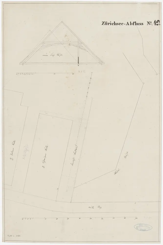 Zürich: Unterer Mühlesteg, Erweiterung der Mühle von Herrn Schweizer; Grundriss und Detail (Zürichsee-Abfluss Nr. 19)