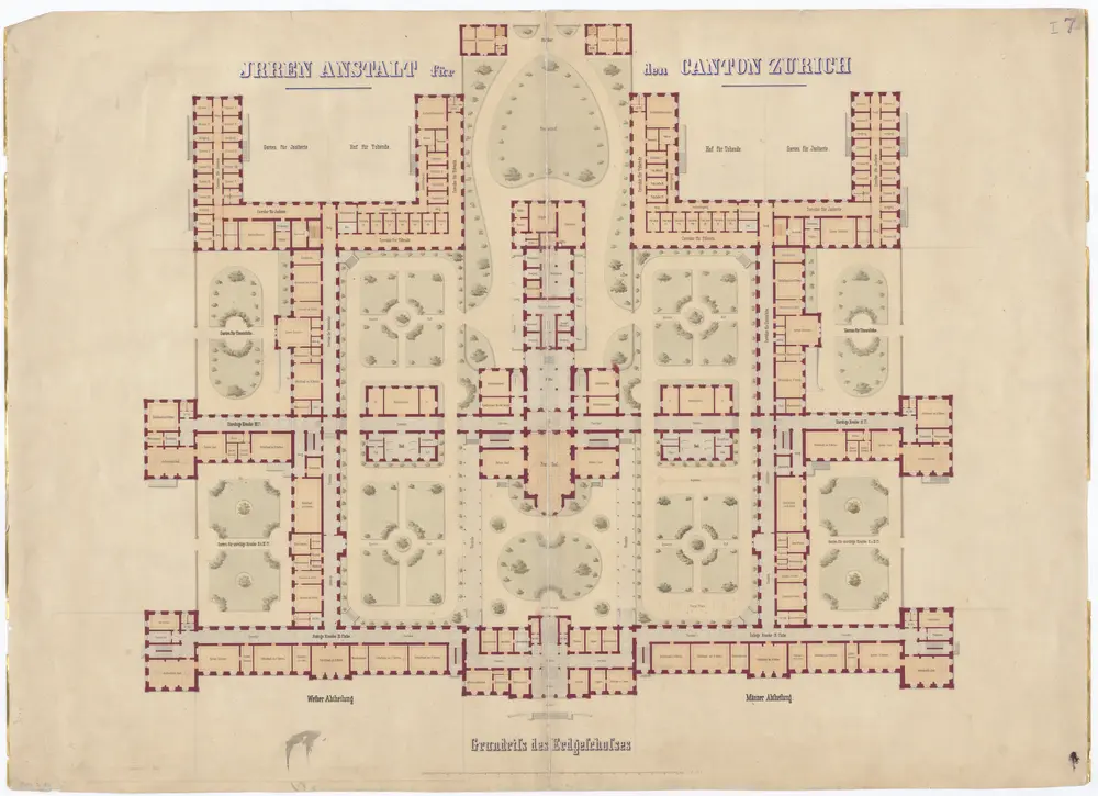 Projektierte Irrenanstalt Burghölzli: Erdgeschoss; Grundriss