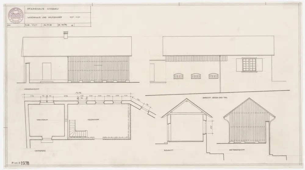 Gossau: Waschhaus und Holzschuppen; Grundriss, Ansichten und Querschnitt