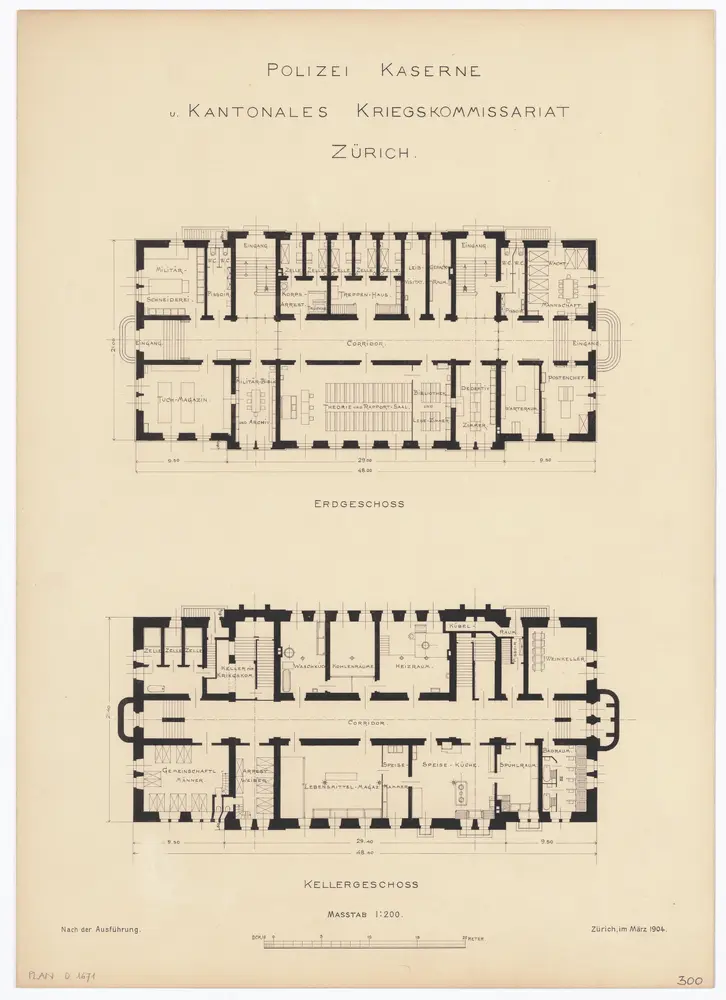 Polizeikaserne und kantonales Kriegskommissariat: Keller und Erdgeschoss; Grundrisse