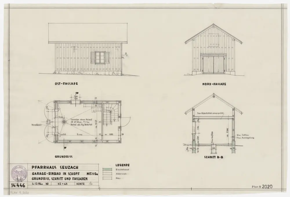 Seuzach: Schuppen, Garageneinbau; Grundriss; Nord- und Ostansichten und Querschnitt