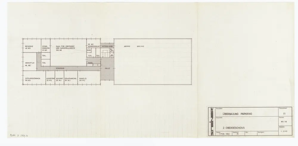 Staatsarchiv des Kantons Zürich, projektierter Neubau auf dem Areal Parkring: 2. Obergeschoss; Grundriss