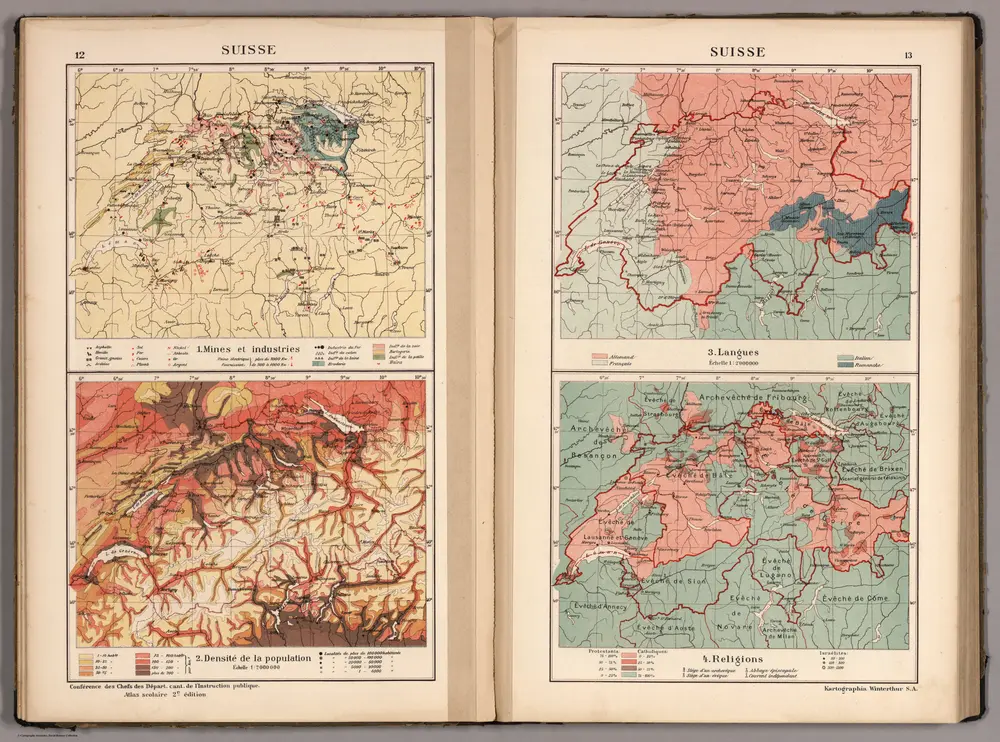 Suisse. Mines et Industries. Densite de la Population. Langues. Religions