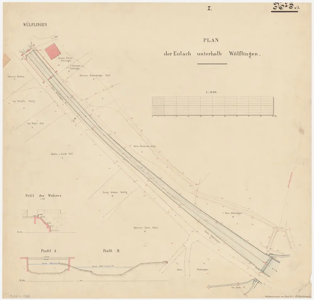 Wülflingen: Eulach von der Brücke bis zum Wässerungswehr; Situationsplan und Profile (Blatt I)
