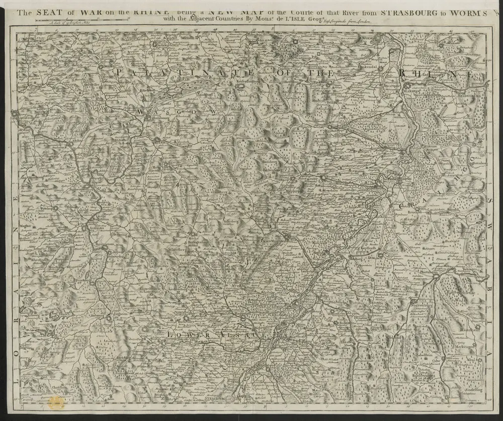 The SEAT of WAR on the RHINE being a NEW MAP of the Course of that River from STRASBOURG to WORMS with the Adjacent Countries