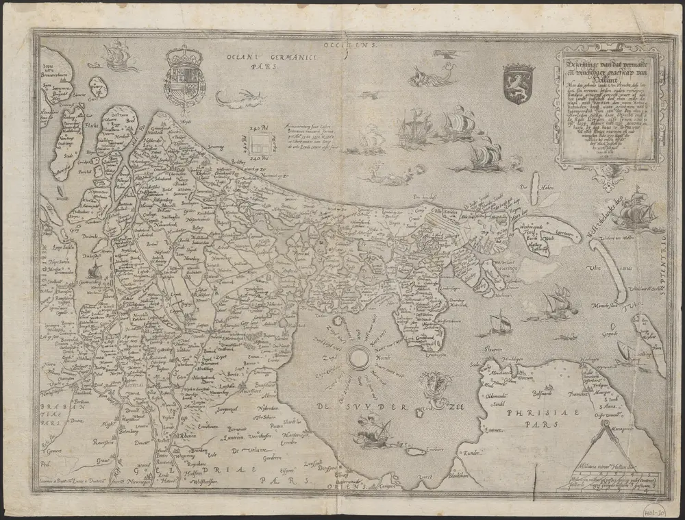 Bescrivinge van dat vermarde en vruchtbaer graefschap van Hollant met dat geheele landt van Utrecht, dese landen sin eertiets bij den ouden Romeinen Batavia genaemt geweest, waer af dat het landt tusschen den Rhin ende de Wael noch tertiet den naem Betue behouden heeft, want gelick men noch tegenwordich sien can dat den Rhin in voerleden tijden doer Utrecht ende de stadt Leijden also sijnen cours oft loop aldaer inde zee genomen heeft, bij dat huus te Bretta, waer vã noch somige rowinen oft oude muragien inde zee liggê die welcke bij onsen tydê dry mael gesien sin te wetê int jaer 1520 eñ 1552 1562