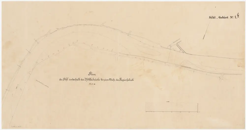 Wollishofen, Wiedikon: Sihl vom Forrholz (Forrenwald) bis unterhalb des Wehrs der Papierfabrik; Situationsplan (Sihl-Gebiet Nr. 1 b, Blatt II)