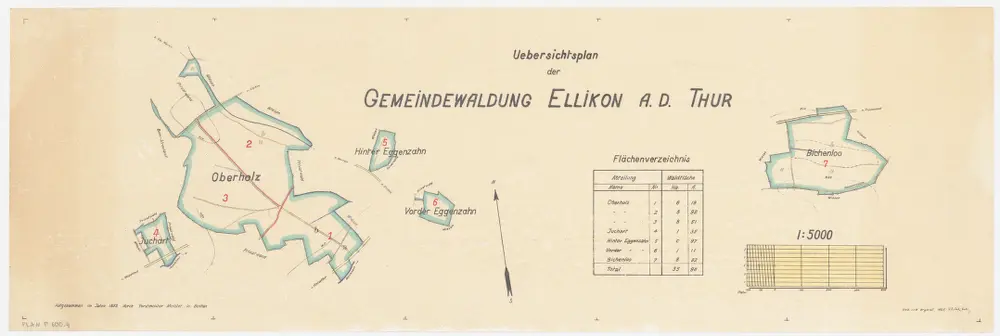 Ellikon an der Thur: Gemeindewaldung: Oberholz, Vorder Eggenzaa, Hinter Eggenzaa, Juchart, Bichenloo; Übersichtsplan