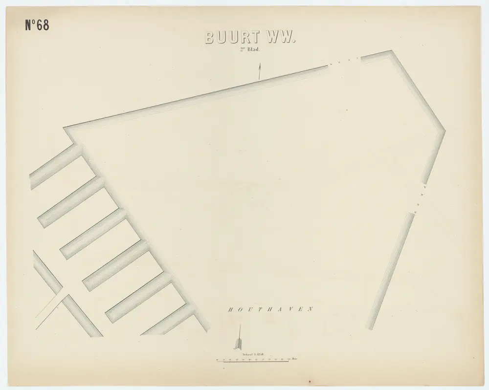 N.68 Buurt WW 2de blad, uit: Atlas van de gemeente Amsterdam : bevattende de grondteekening van alle gebouwen met de tegenwoordige nommering, en onderscheiding van gemeente-eigendommen, publieke en bijzondere gebouwen, woon- en pakhuizen : in 101 kaarten / naar officiële bronnen bewerkt; [schaal 1:1.250]