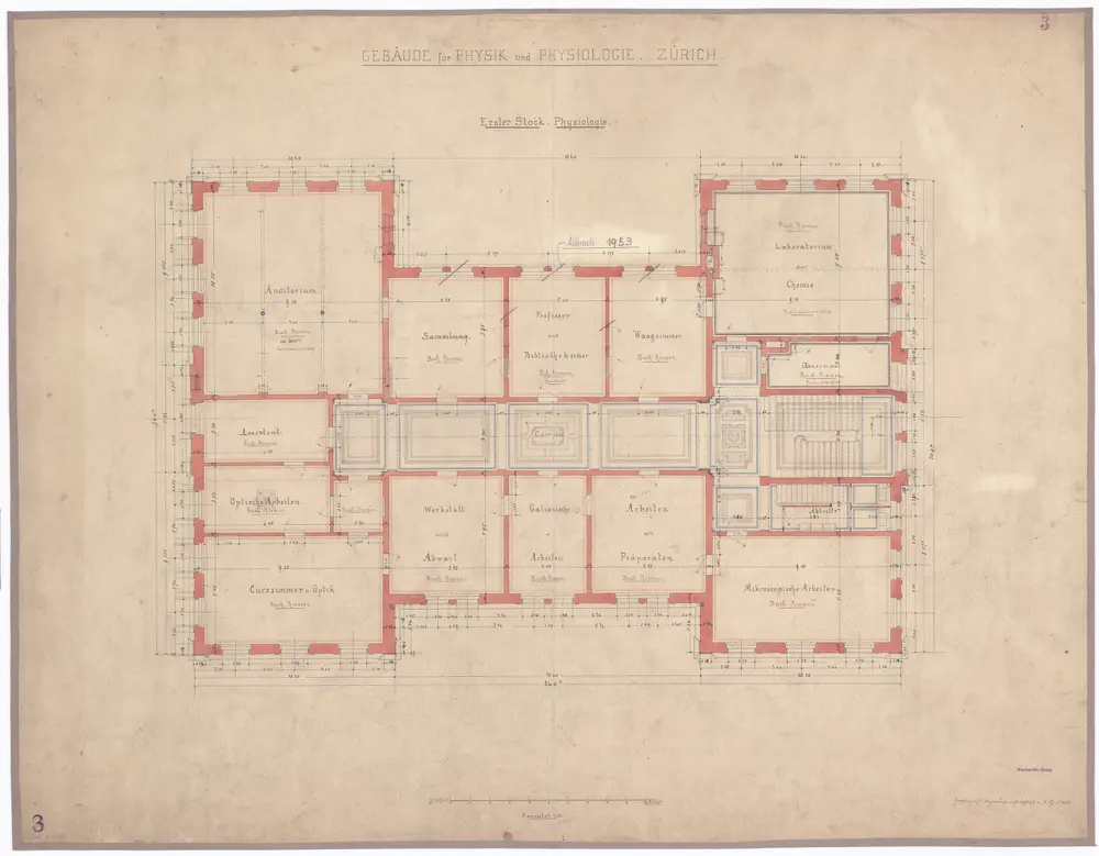 Eidgenössisches Polytechnikum, Physikgebäude, Gloriastrasse 35: Abteilung Physiologie, 1. Stock; Grundriss