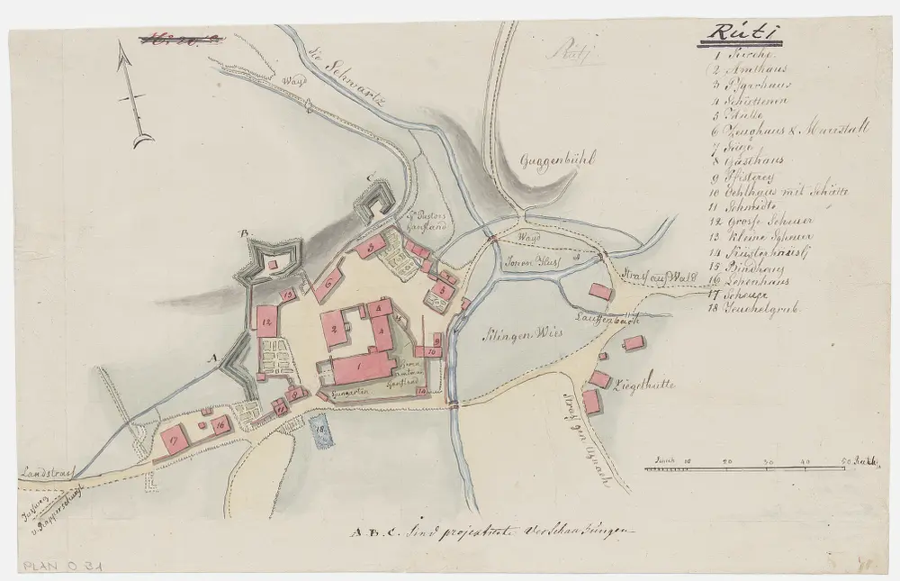 Rüti: Gemeinde mit projektierten Schanzen; Grundriss