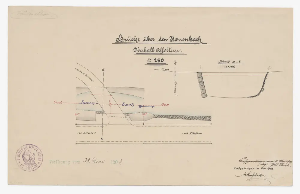 Affoltern am Albis: Hölzerne Balkenbrücke über den Jonenbach; Situationsplan und Querprofil