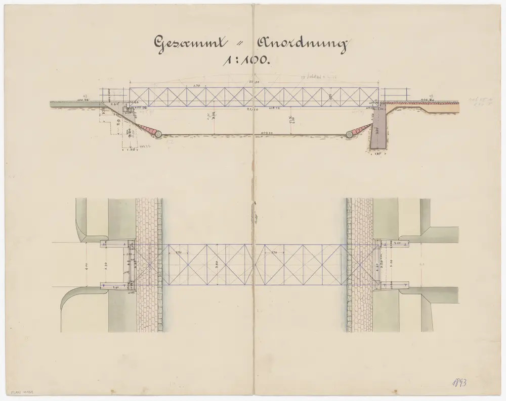 Höri, Hochfelden: Eiserne Fachwerk-Brücke über die Glatt im Jakobsthal; Seitenansicht und Grundriss