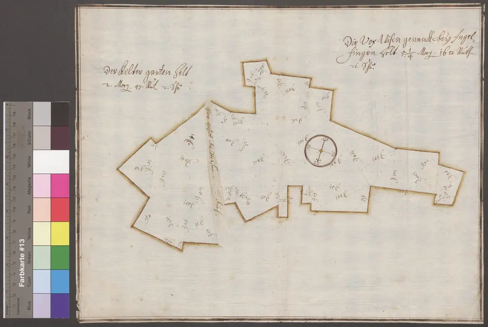 HZAN GA 100_Nr. 156_ : Ingelfingen; "Die Voxwiesen bei Ingelfingen";[J.C. Leyser];ohne Maßstab;38 x 29,5 cm; Norden unten;Papier; Federzeichnung; Grenzen in Wasserfarben; Einteilung der Grundstücke in Drei- und Vierecke.