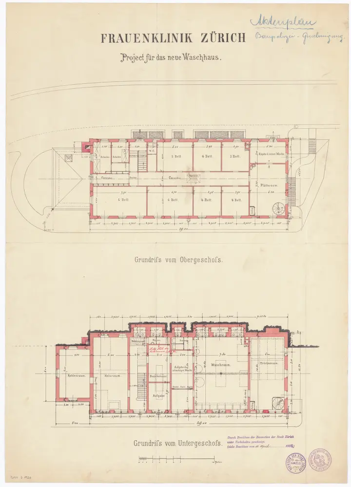 Frauenklinik Zürich, projektiertes neues Waschhaus: Unter- und Obergeschoss; Grundrisse