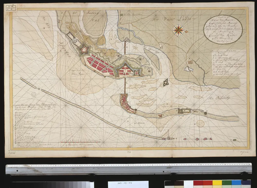 Caerte van de haven van Pharnambocque met de stad Mauritia geleegen aen de kust van Brazilia op 8 graaden 8 min. Zuijder Breeten