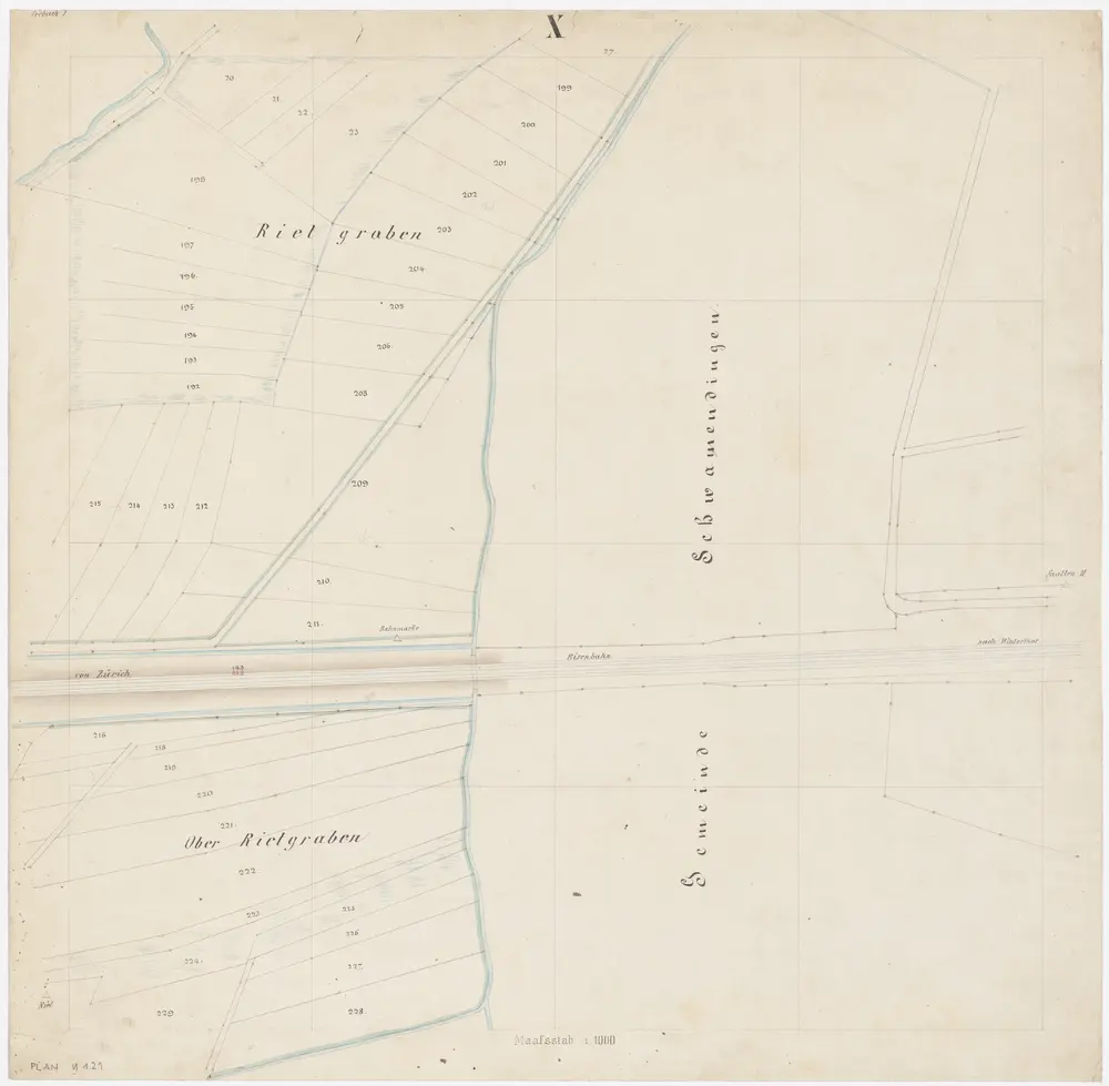 Oerlikon: Gemeinde; Kataster-Ergänzungspläne: Blatt X: Riedgraben und Oberer Riedgraben; Situationsplan