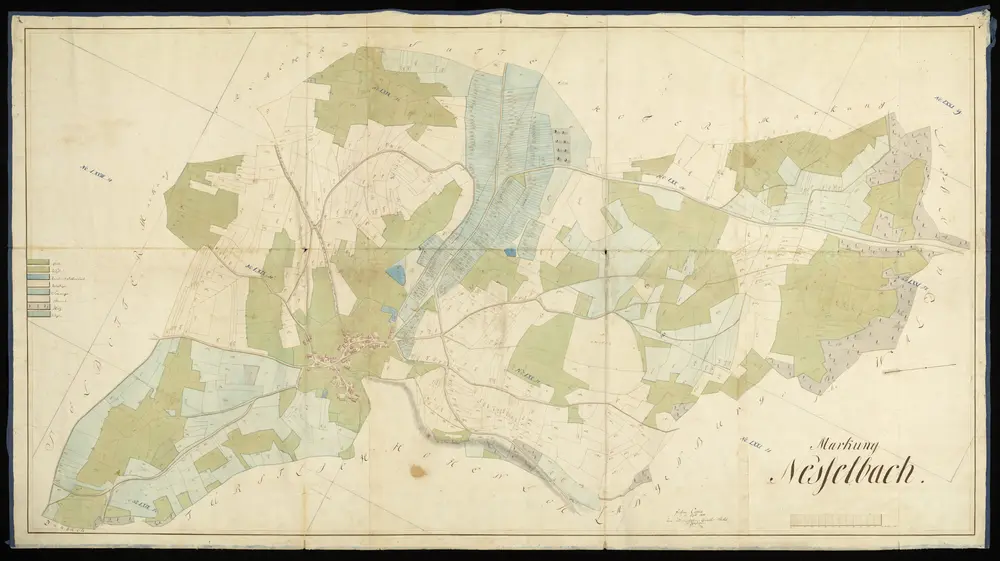 HZAN GA 100_Nr. 294_ : Nesselbach (Kr. Crailsheim); "Markung Nesselbach";Geometer Stikel von Egenhausen;120 Ruten = 15 cm;168,5 x 90,5 cm; Norden rechts;Papier auf Leinwand; Federzeichnung; Flurstücke, Wald und Häuser in Wasserfarben; Schraffen; links Erklärung der Farben; Flurstücke nummeriert.