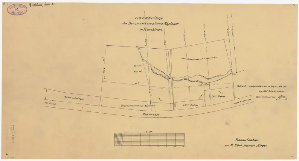 Rüschlikon: Landanlage der Bergwerkverwaltung in Käpfnach, Uferanbrüche; Situationsplan