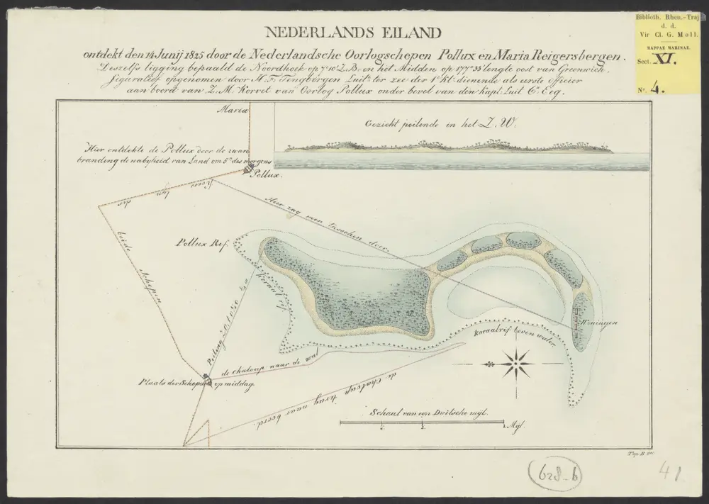 Nederlands eiland ontdekt den 14 Junij 1825 door de Nederlandsche Oorlogschepen Pollux en Maria Reigersbergen ; deszelfs ligging bepaald de Noordhoek op 7" 10' Z.B. en het Midden op 177" 33' lengte oost van Greenwich