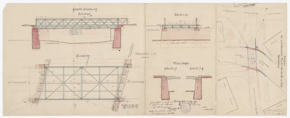 Mönchaltorf: Eiserne Fachwerkbrücke über den Aabach; Situationsplan, Grundriss und Schnitte