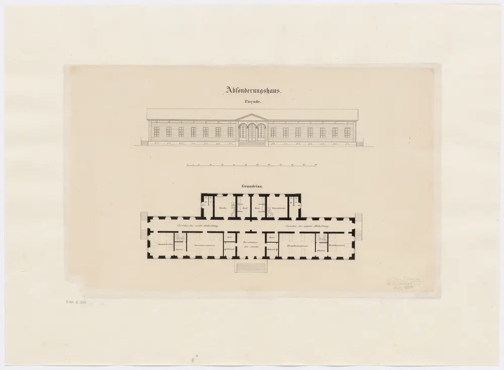 Fluntern: Projektiertes Kantonsspital, Absonderungshaus; Vorderansicht und Grundriss