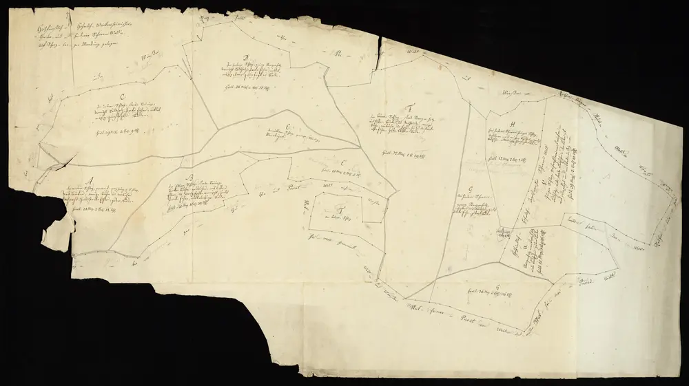 HZAN GA 100_Nr. 373_ : Schrozberg; "Geometrischer Plan über den ... vordern und hintern Schorrenwald";Kohler jun., Geometer in Rothenburg;60 Ruten = 14,1 cm;110 x 61 cm; Norden oben;Papier auf Leinwand; Federzeichnung; Grenzsteine nummeriert; Anlieger namentlich verzeichnet.