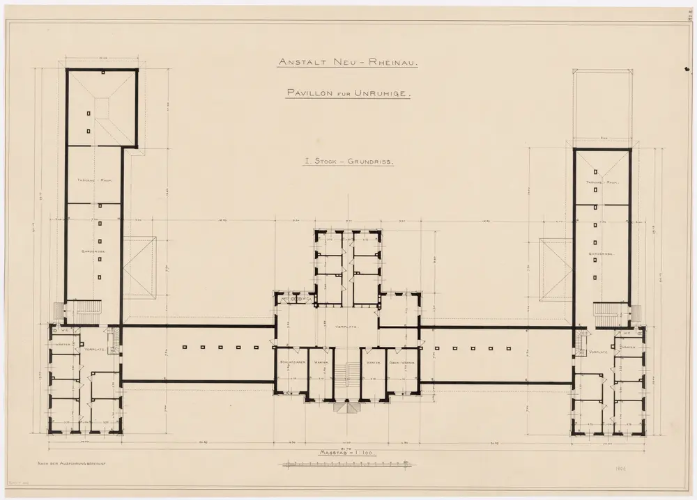 Pflegeanstalt Neu-Rheinau: Gebäude für Unruhige, 1. Stock; Grundriss