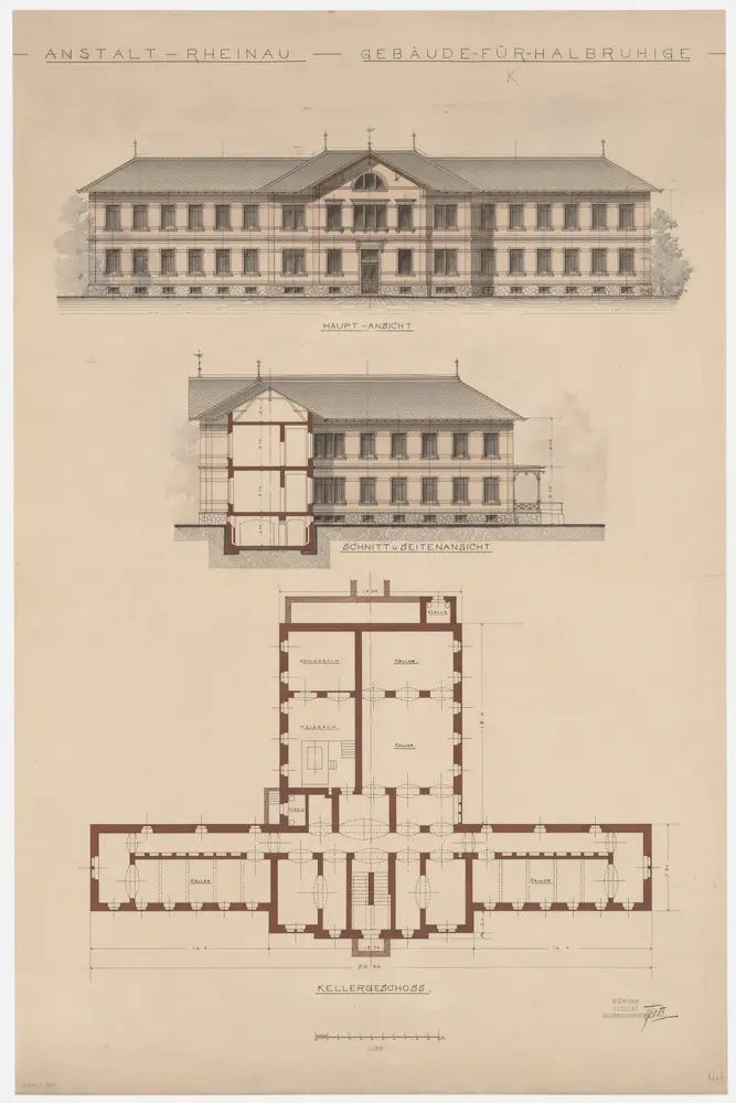 Pflegeanstalt Neu-Rheinau: Gebäude K für Halbruhige; Ansichten, Grundriss (Kellergeschoss) und Schnitt