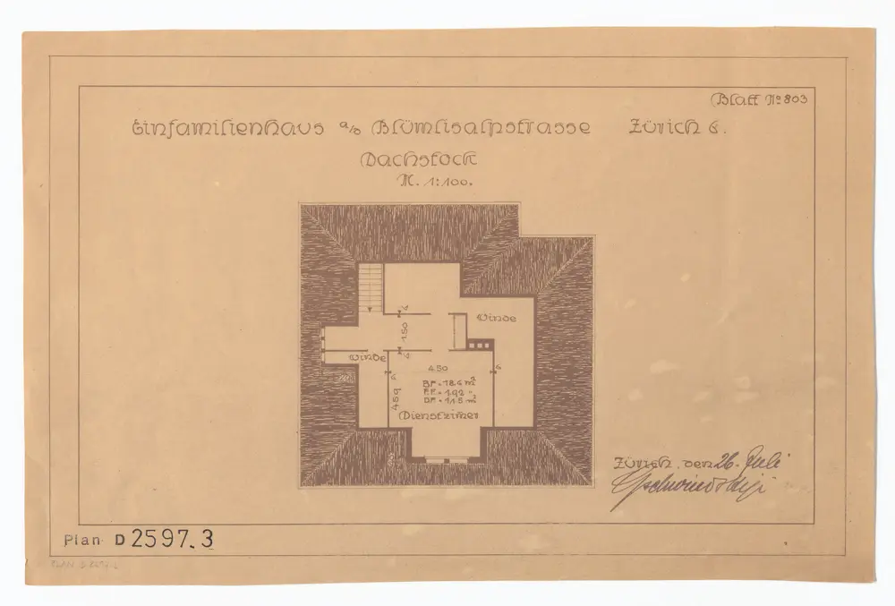 Einfamilienhaus von O. Hanky, Inspektor, Blümlisalpstrasse 47: Dachstock; Grundriss