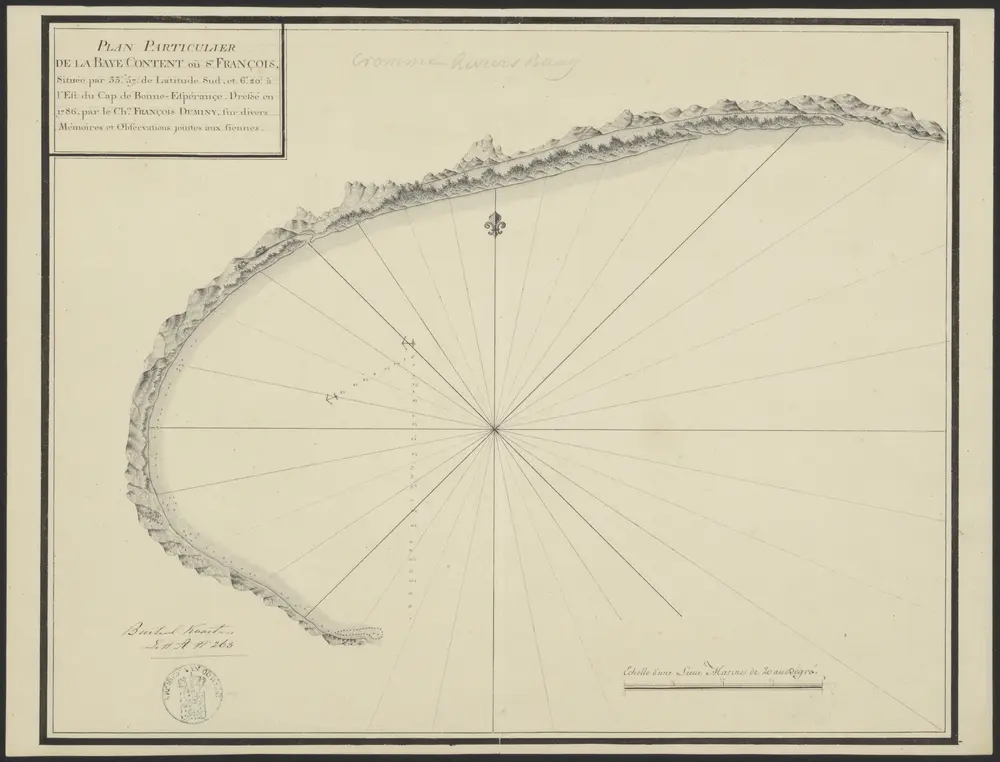 Hydrografische kaart, getiteld plan particulier de la Baye content où St. Francois Cromme Riviersbaai, située par 33- 57' de latitude Sud et 6- 20' à l'Est Cap de Bonne Espérance. (A263).