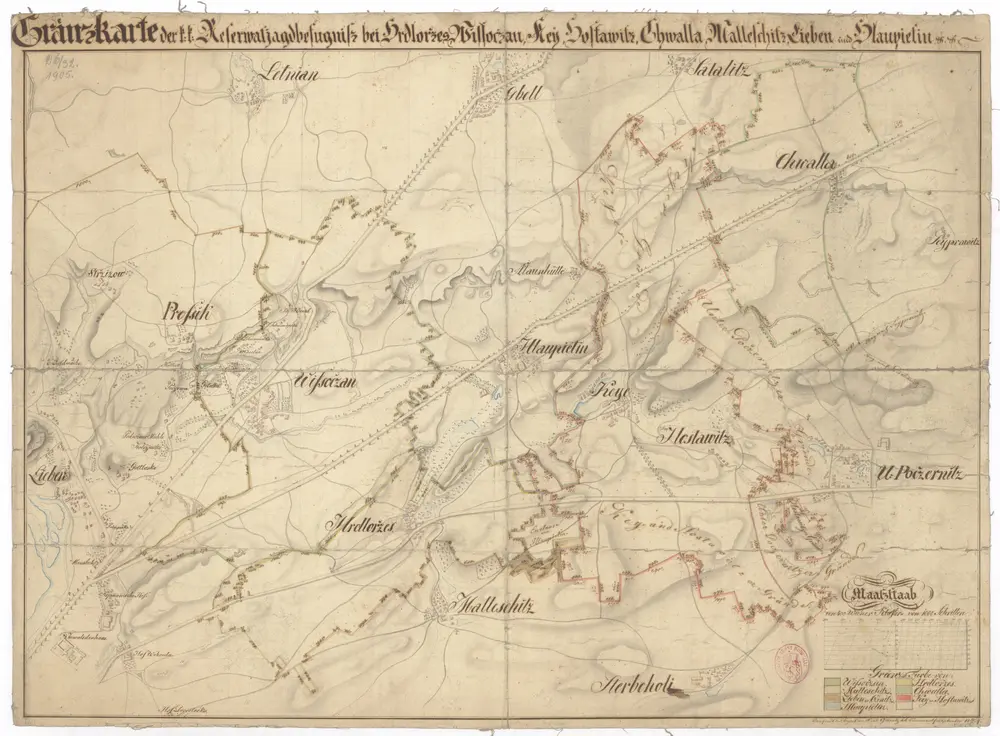 Graenzkarte der k. k. Reservatjagdbefugnisz bei Hrdlorzes, Vissoczan, Key, Hostawitz, Chwalla, Malleschitz, Lieben und Hlaupietin &